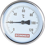 Термометр биметаллический, до 120°С, D = 80 мм, подкл. 1/2", с погружной гильзой 50 мм, ROMMER