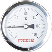 Термометр биметаллический, до 120°С, D = 63 мм, подкл. 1/2", с погружной гильзой 50 мм, ROMMER