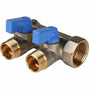 Коллектор с шаровыми кранами 3/4" STOUT 2 выхода 1/2", синие ручки 