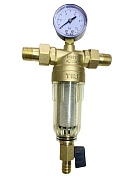 Фильтр магистральный промывной для ХВС TIM - 1/2" (100мкм) с манометром стеклянный корпус