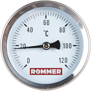 Термометр биметаллический, до 120°С, D = 63 мм, подкл. 1/2", с погружной гильзой 75 мм, ROMMER