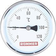 Термометр биметаллический, до 120°С, D = 80 мм, подкл. 1/2", с погружной гильзой 100 мм, ROMMER